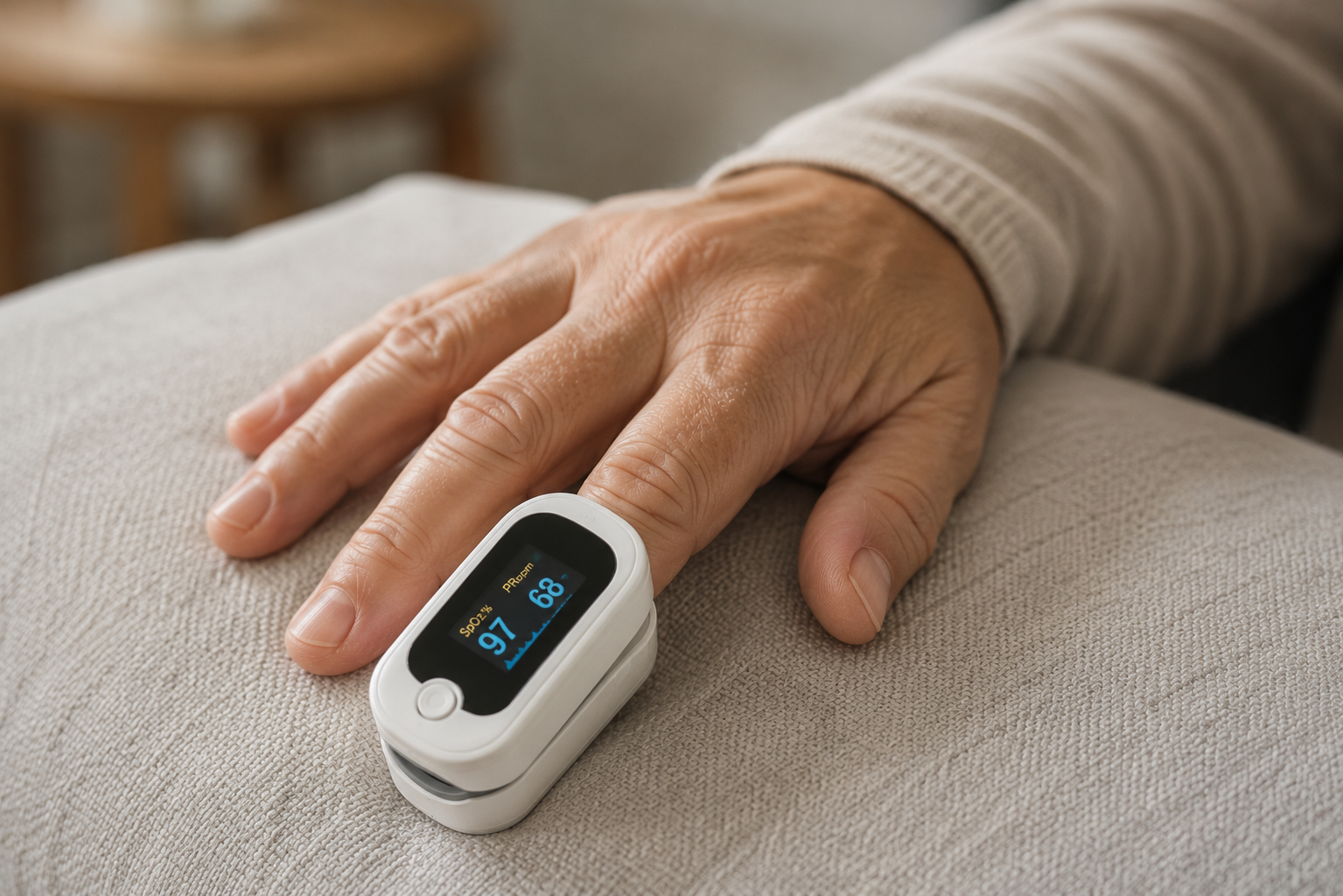 OXIVO Pulse clipped onto a fingertip showing SpO2 and pulse readings
