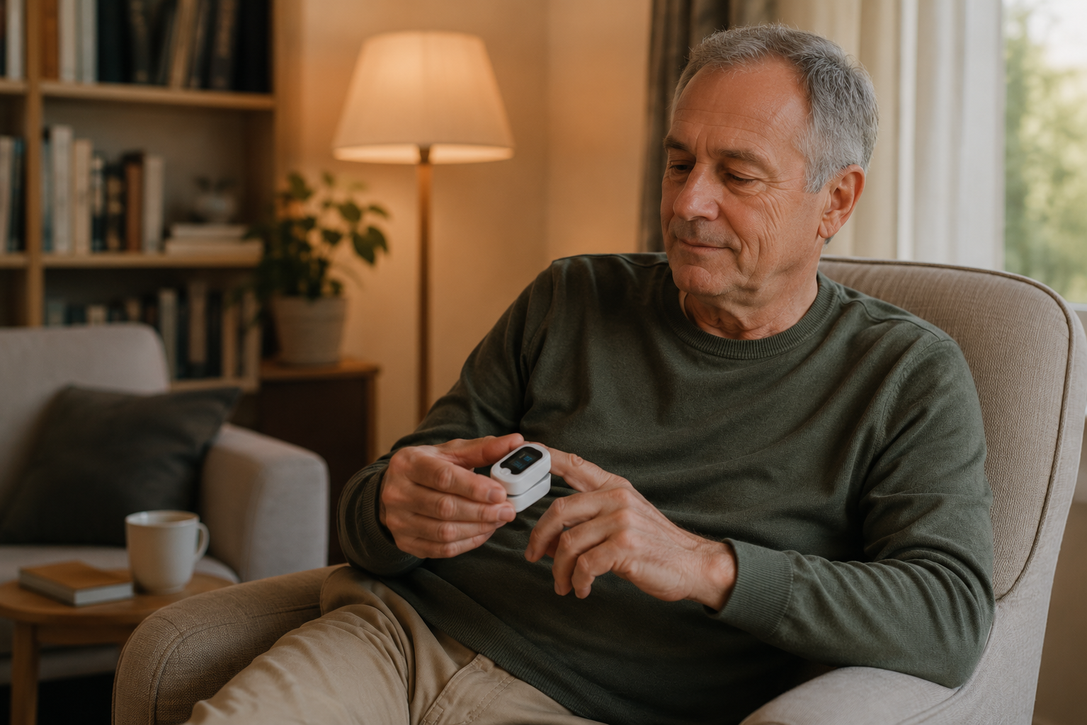 A man using the OXIVO Pulse oximeter while relaxing at home